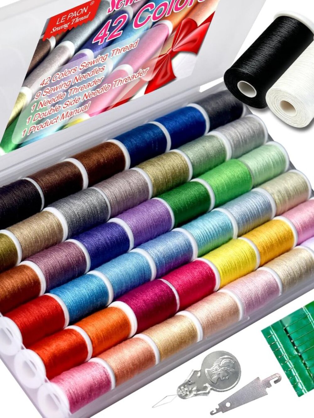 All Purpose Sewing Thread Set - 42 Assorted Rainbow Color Series and White Black